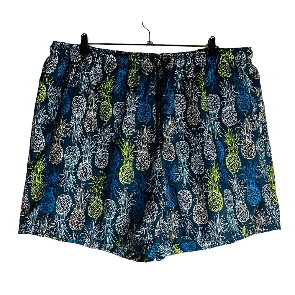 DSG Mens Sz 2XL Swim Trunks Lined Blue Pineapple Fruit Pockets Elastic Waist